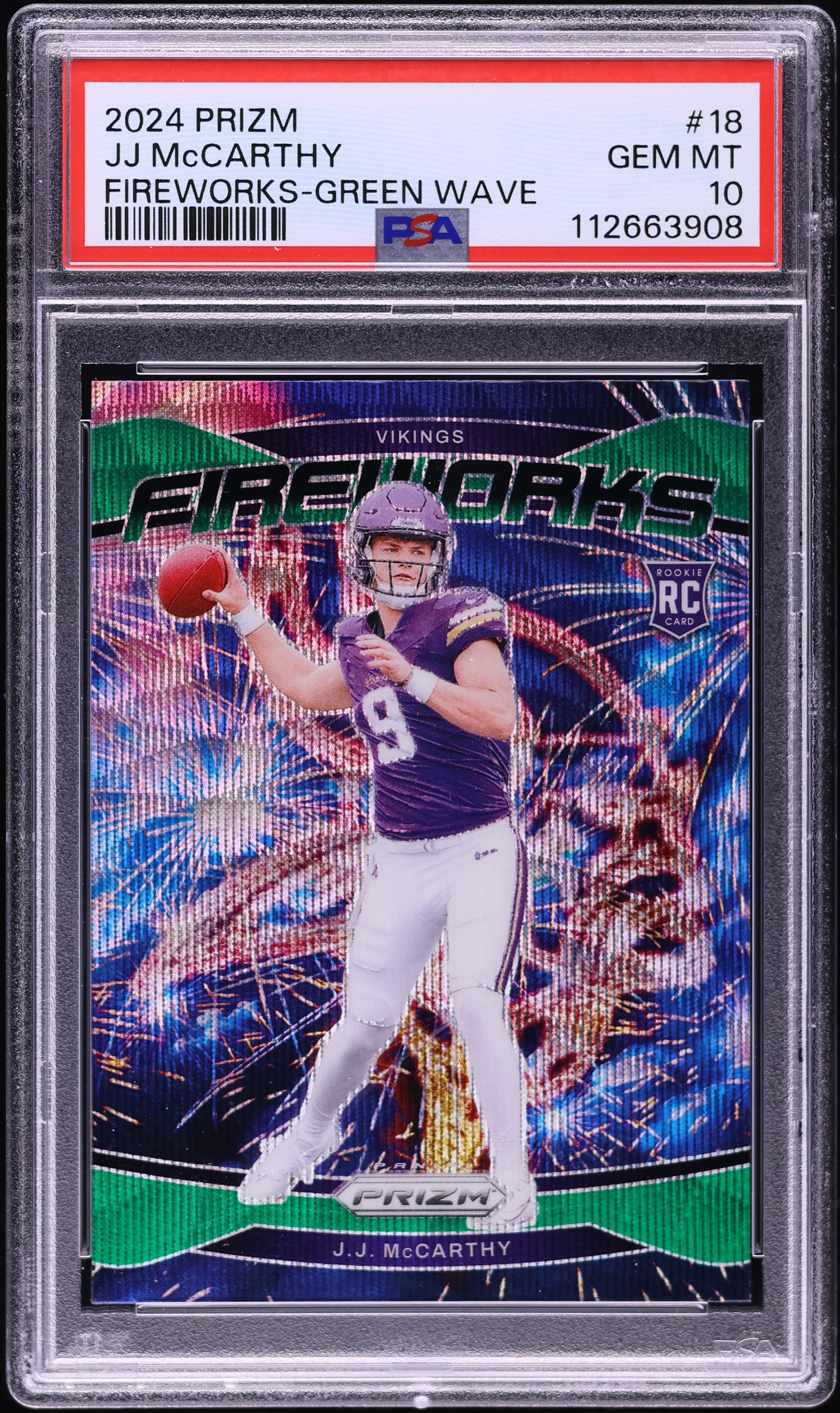 2024 Panini Prizm Fireworks Green Wave J.J. McCarthy ROOKIE #18
