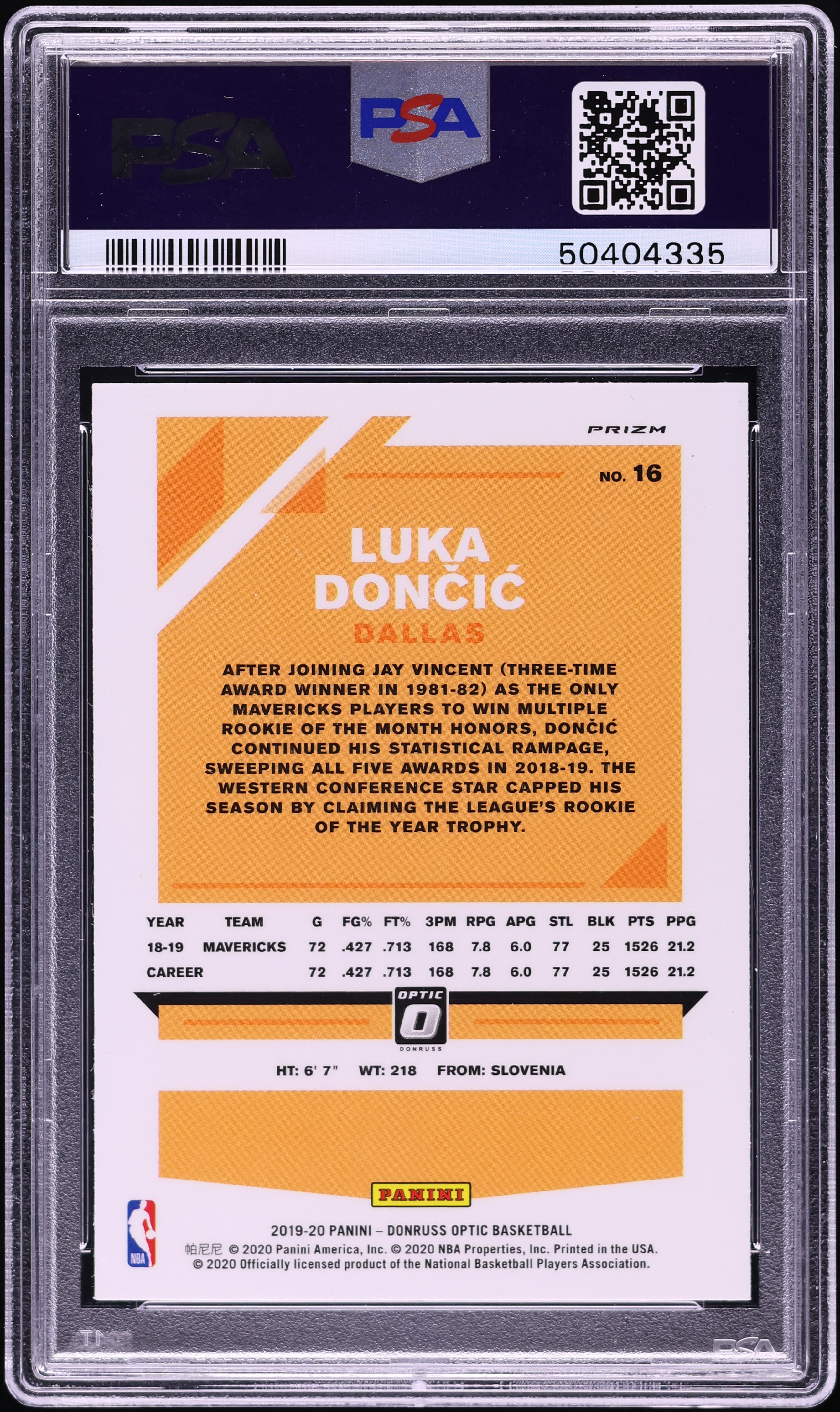 2019 Donruss Optic Holo Luka Doncic #16 PSA 10 GEM MINT on