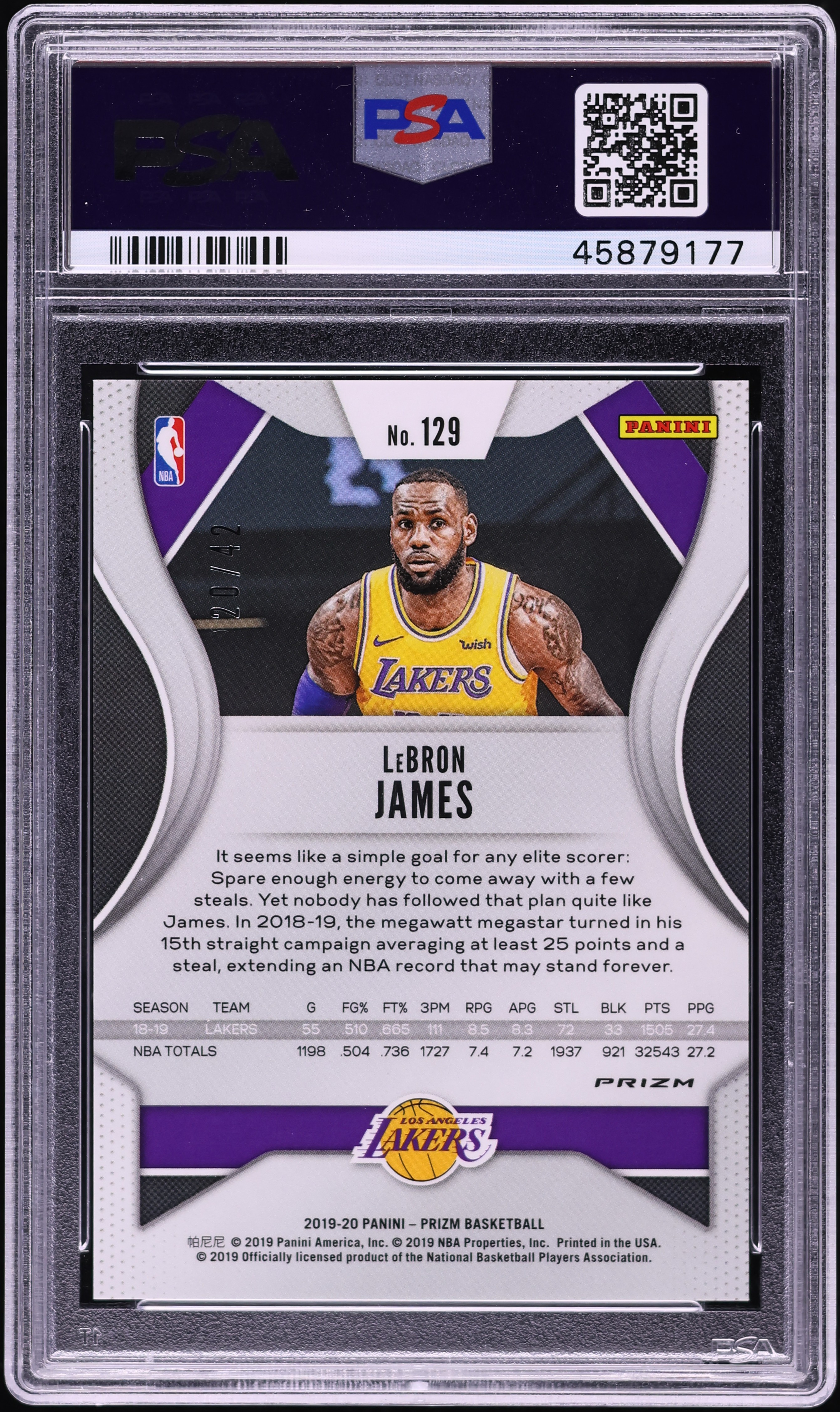 2019 Panini Prizm Pink Pulsar LeBron James /42 #129 PSA 10 GEM
