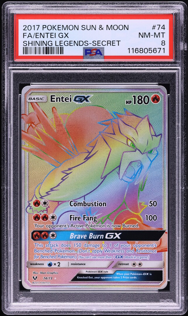 2017 Pokemon Sun & Moon Shining Legends Rainbow Rare Entei GX #74 PSA 8 NM-MT