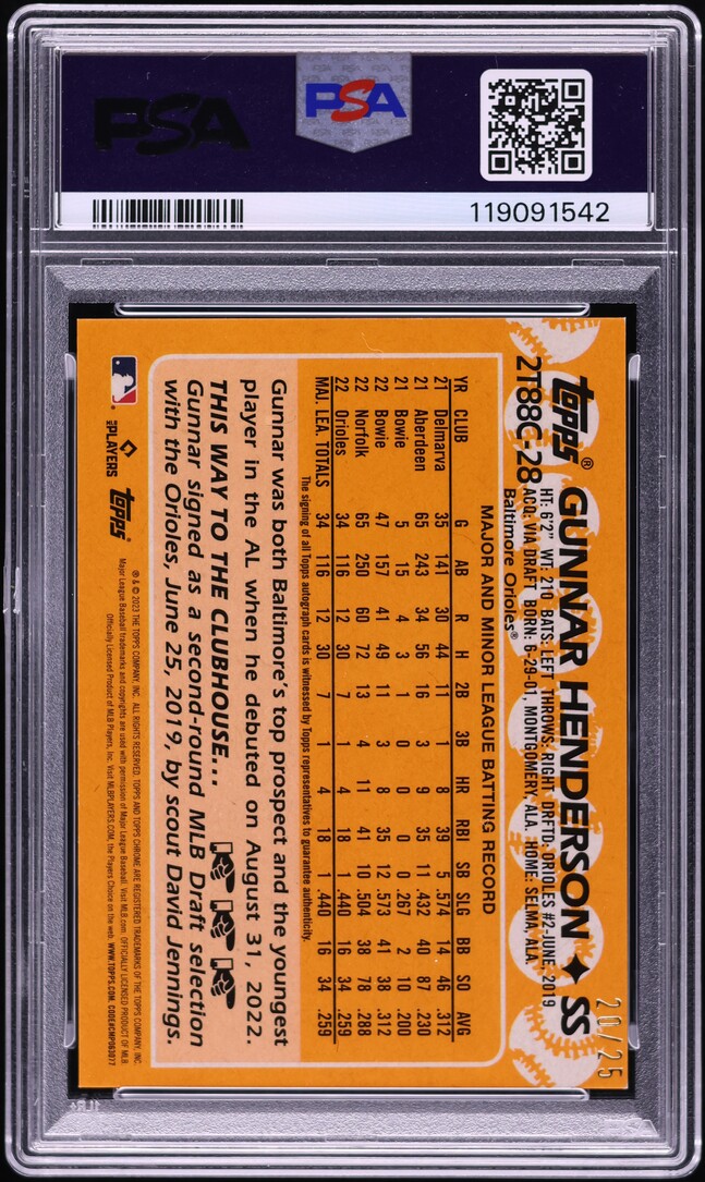 2023 Topps Chrome '88 Series 2 Orange Ref Gunnar Henderson RC AUTO /25 PSA 8
