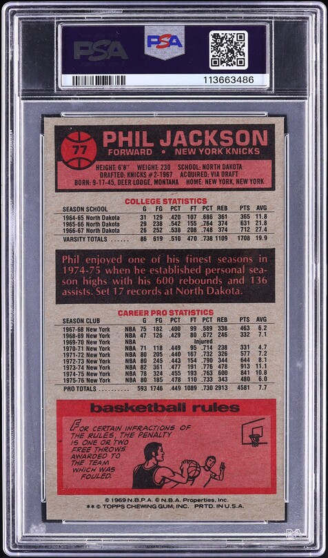 1976 Topps Basketball Phil Jackson #77 PSA 6 EXMT