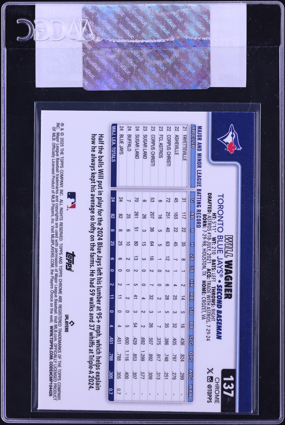 2025 Topps Chrome Will Wagner ROOKIE #137 CGC AUTH