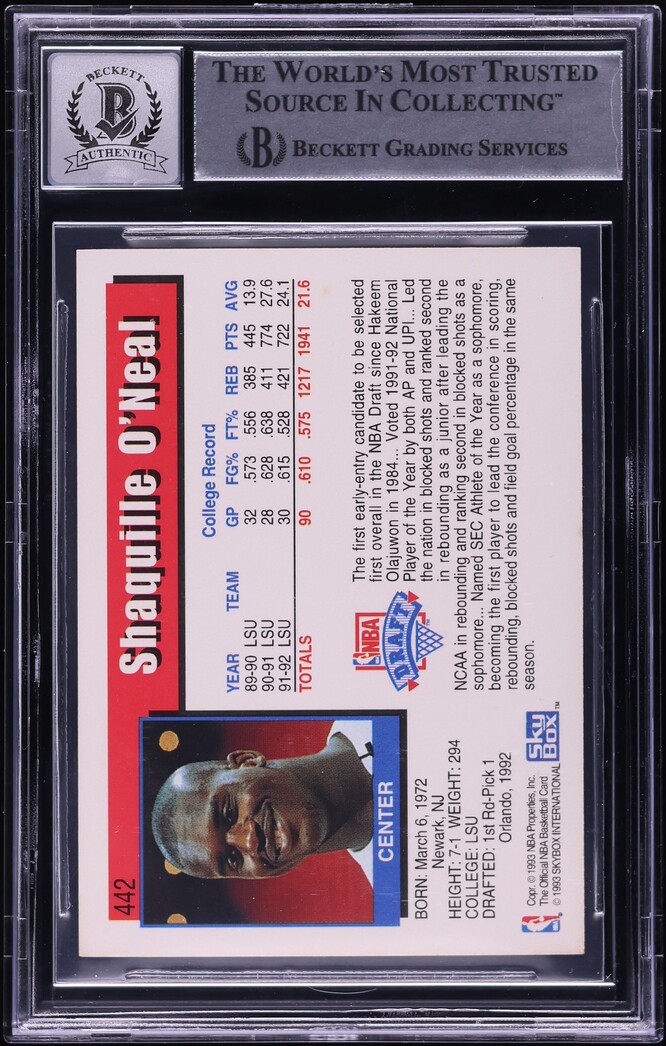1992 Hoops Shaquille O'Neal ROOKIE AUTO #442 BGS AUTH