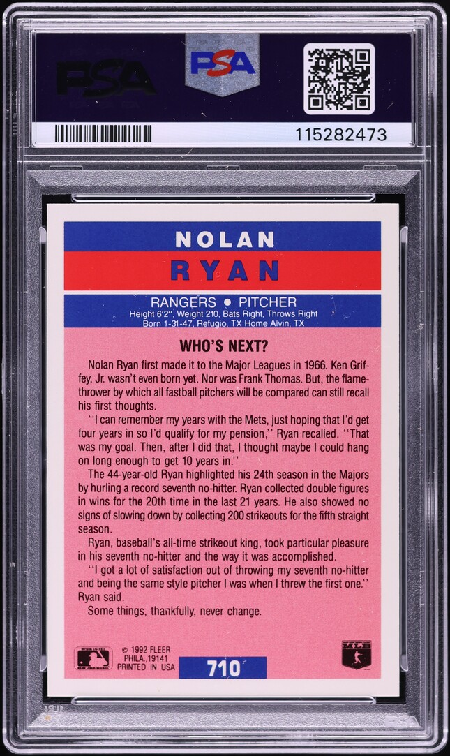 1992 Fleer Nolan Ryan #710 PSA 10 GEM MINT