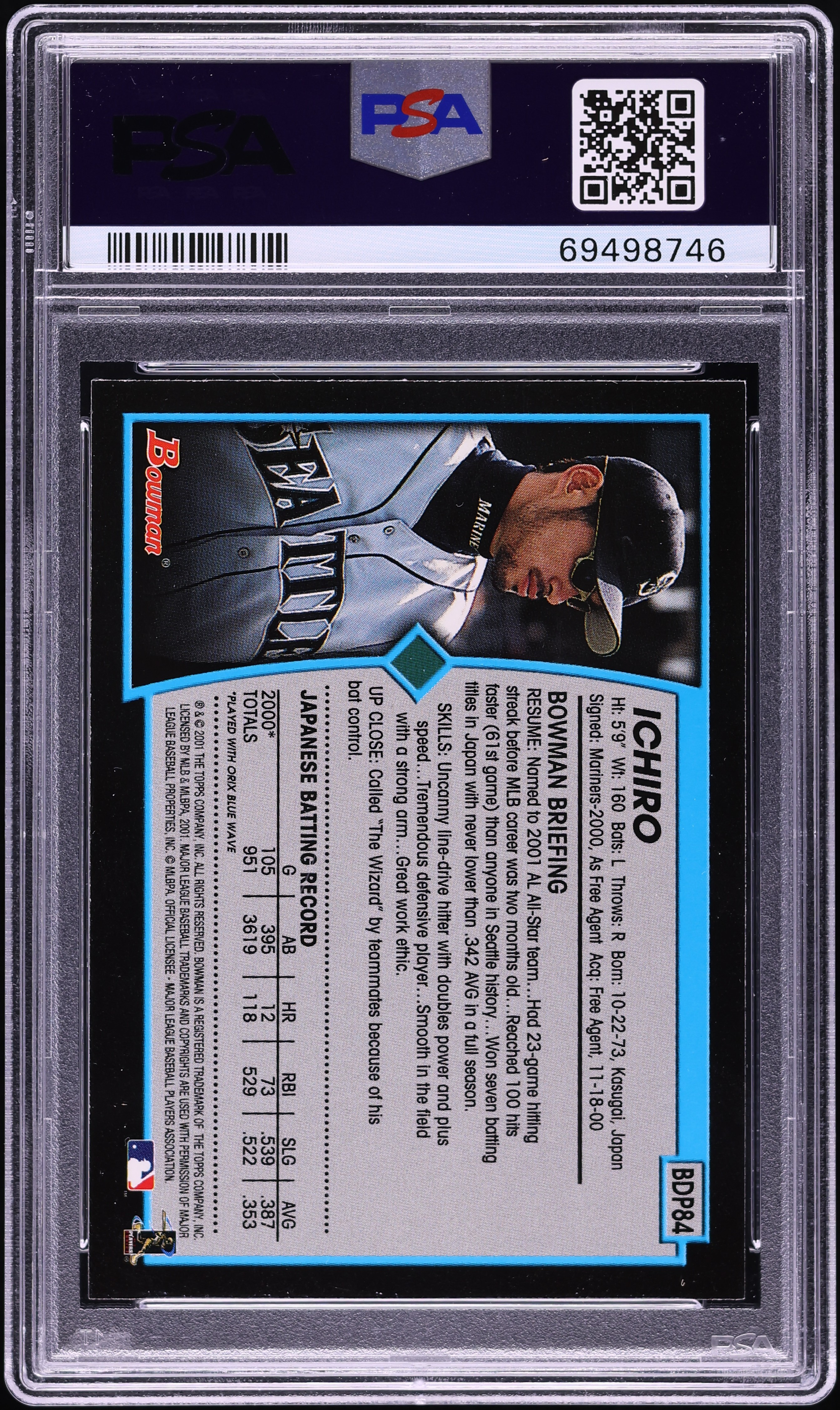 2001 Bowman Draft Picks Ichiro ROOKIE #BDP84 PSA 9 MINT on