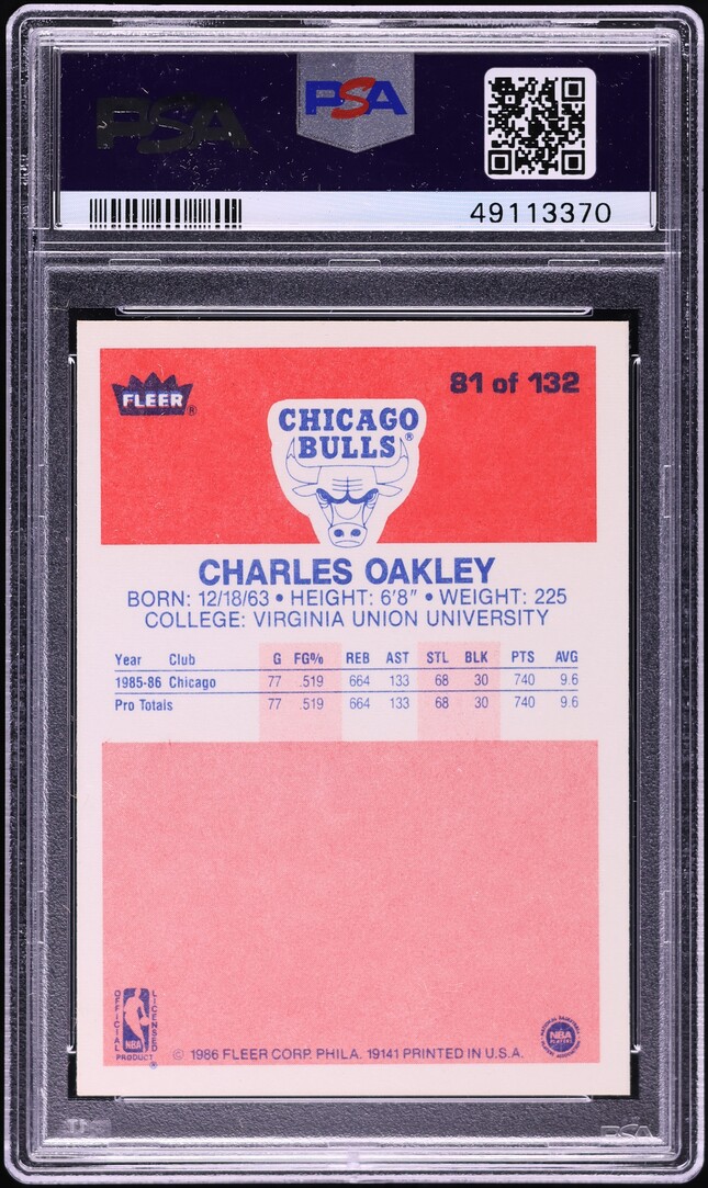 1986 Fleer Basketball Charles Oakley ROOKIE #81 PSA 8 NM-MT