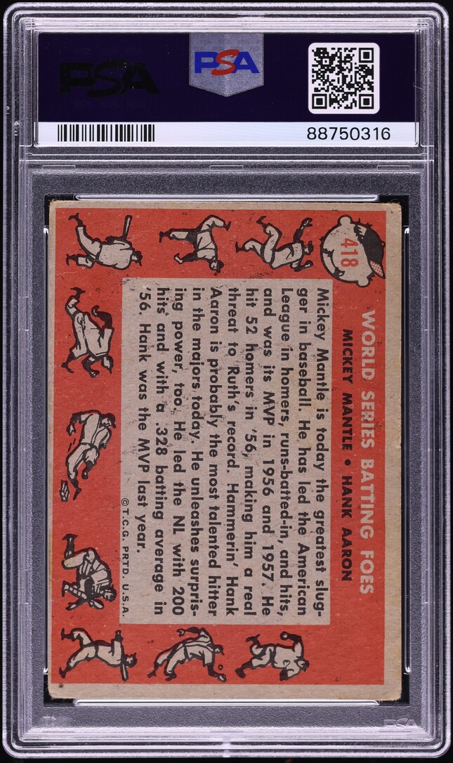 1958 Topps Mickey Mantle & Hank Aaron BATTING FOES #418 PSA 2 GD