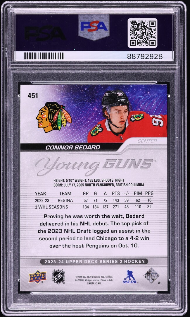 2023 Upper Deck Young Guns Connor Bedard ROOKIE #451 PSA 10 GEM MINT