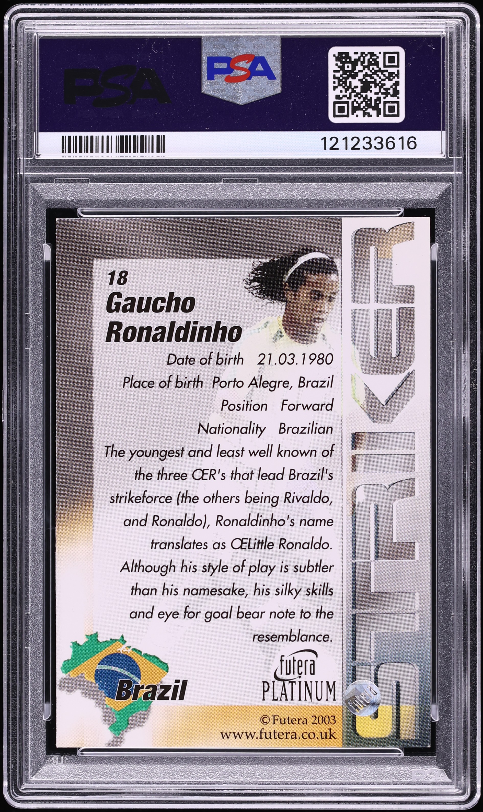 2003 Futera Platinum World Football Gaucho Ronaldinho #18 PSA 8 NM