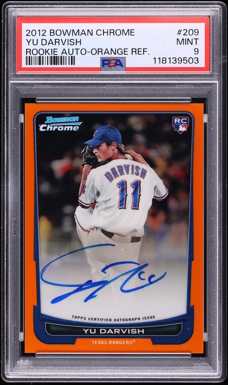 2012 Bowman Chrome Orange Refractor Yu Darvish ROOKIE AUTO /25 #209 PSA 9 MINT