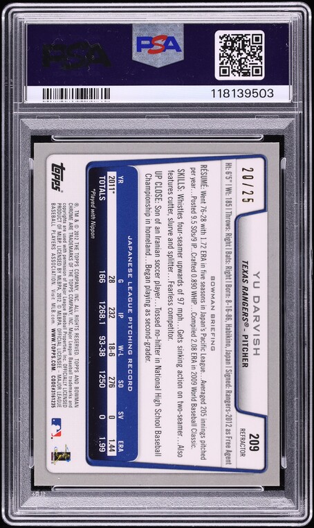 2012 Bowman Chrome Orange Refractor Yu Darvish ROOKIE AUTO /25 #209 PSA 9 MINT