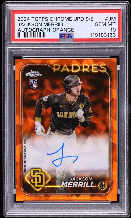 2024 Topps Chrome Sapphire Orange Jackson Merrill ROOKIE AUTO /25 #JM PSA 10