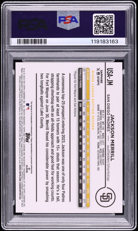 2024 Topps Chrome Sapphire Orange Jackson Merrill ROOKIE AUTO /25 #JM PSA 10