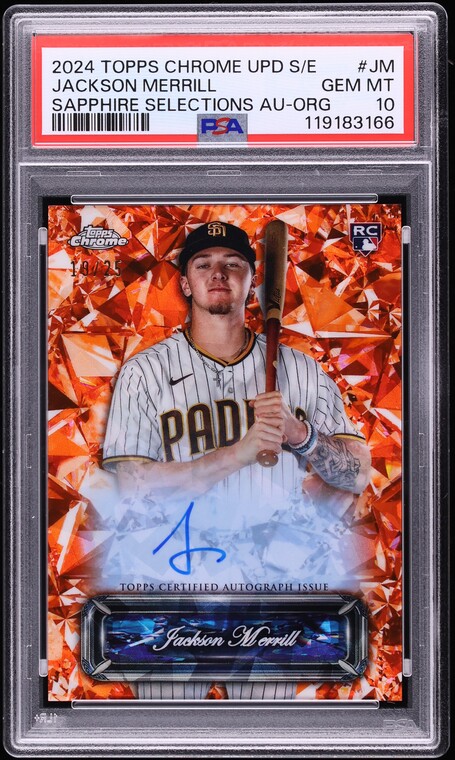 2024 Topps Chrome Sapphire Orange Jackson Merrill ROOKIE AUTO /25 PSA 10