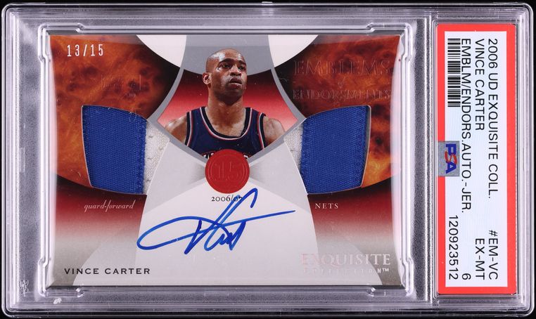 2006 Exquisite Collection Emblems Of Endorsement Vince Carter PATCH AUTO /15 #EM-VC PSA 6 EXMT