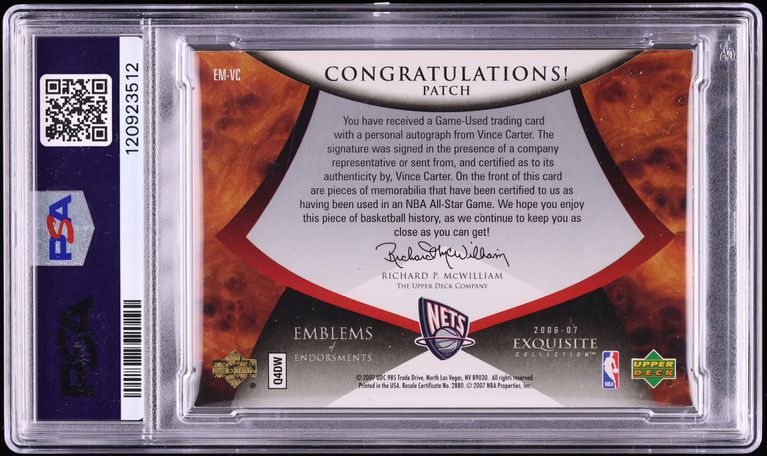 2006 Exquisite Collection Emblems Of Endorsement Vince Carter PATCH AUTO /15 #EM-VC PSA 6 EXMT