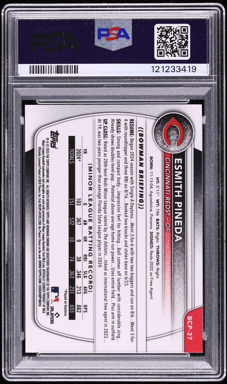 2025 Bowman Chrome Purple Refractor Esmith Pineda PROSPECT /250 #BCP-37 PSA 10 GEM MINT