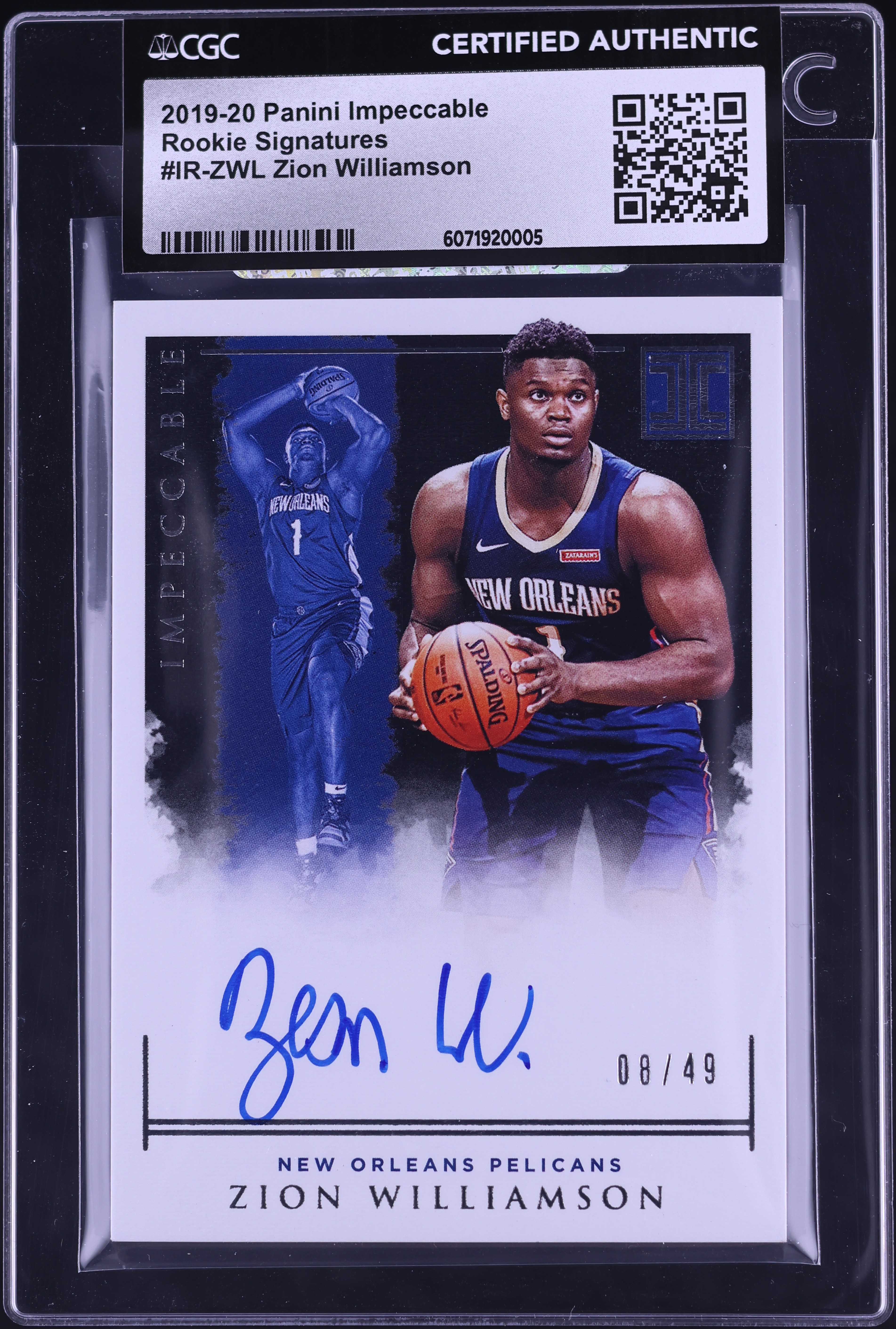 2019 Panini Impeccable Zion Williamson ROOKIE AUTO /49 #IR-ZWL CGC