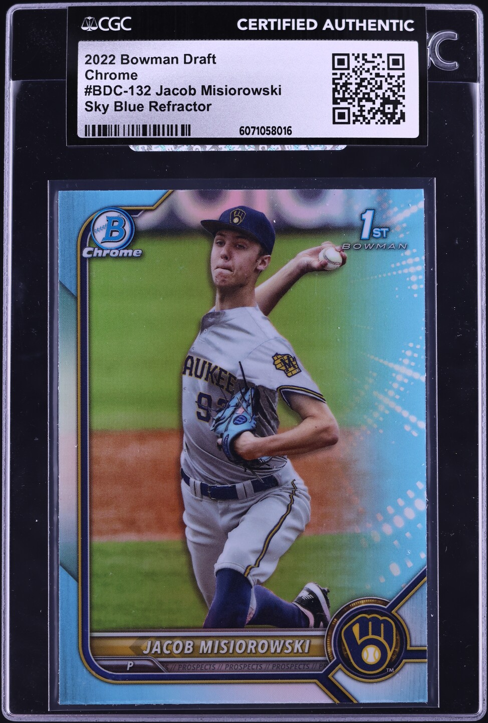 2022 Bowman Chrome Draft Sky Blue Refractor Jacob Misiorowski PROSPECT CGC AUTH