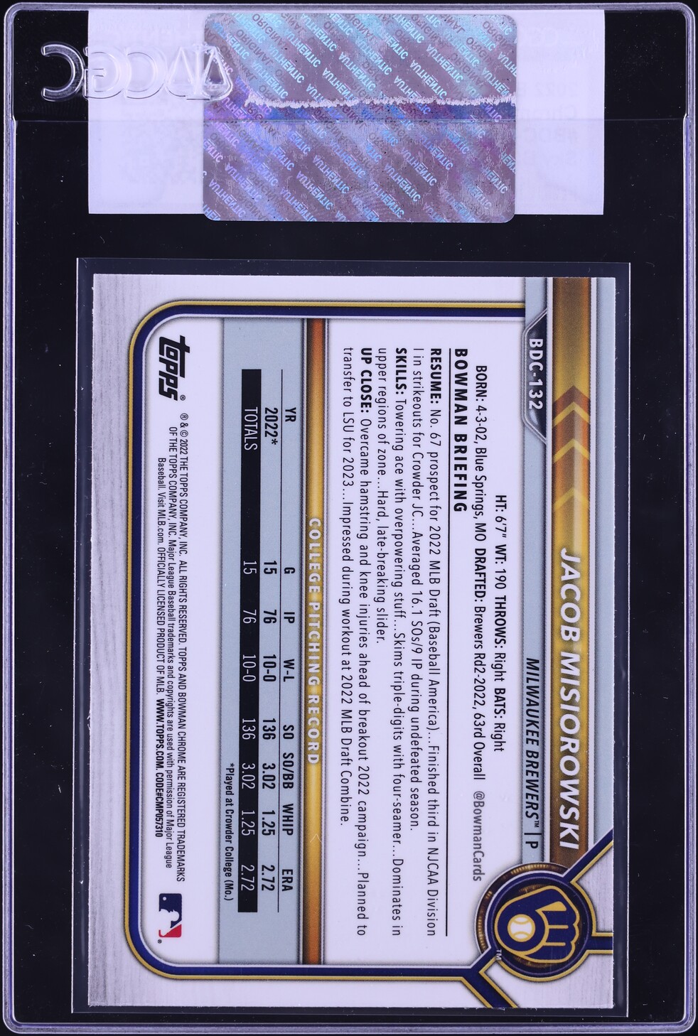 2022 Bowman Chrome Draft Sky Blue Refractor Jacob Misiorowski PROSPECT CGC AUTH