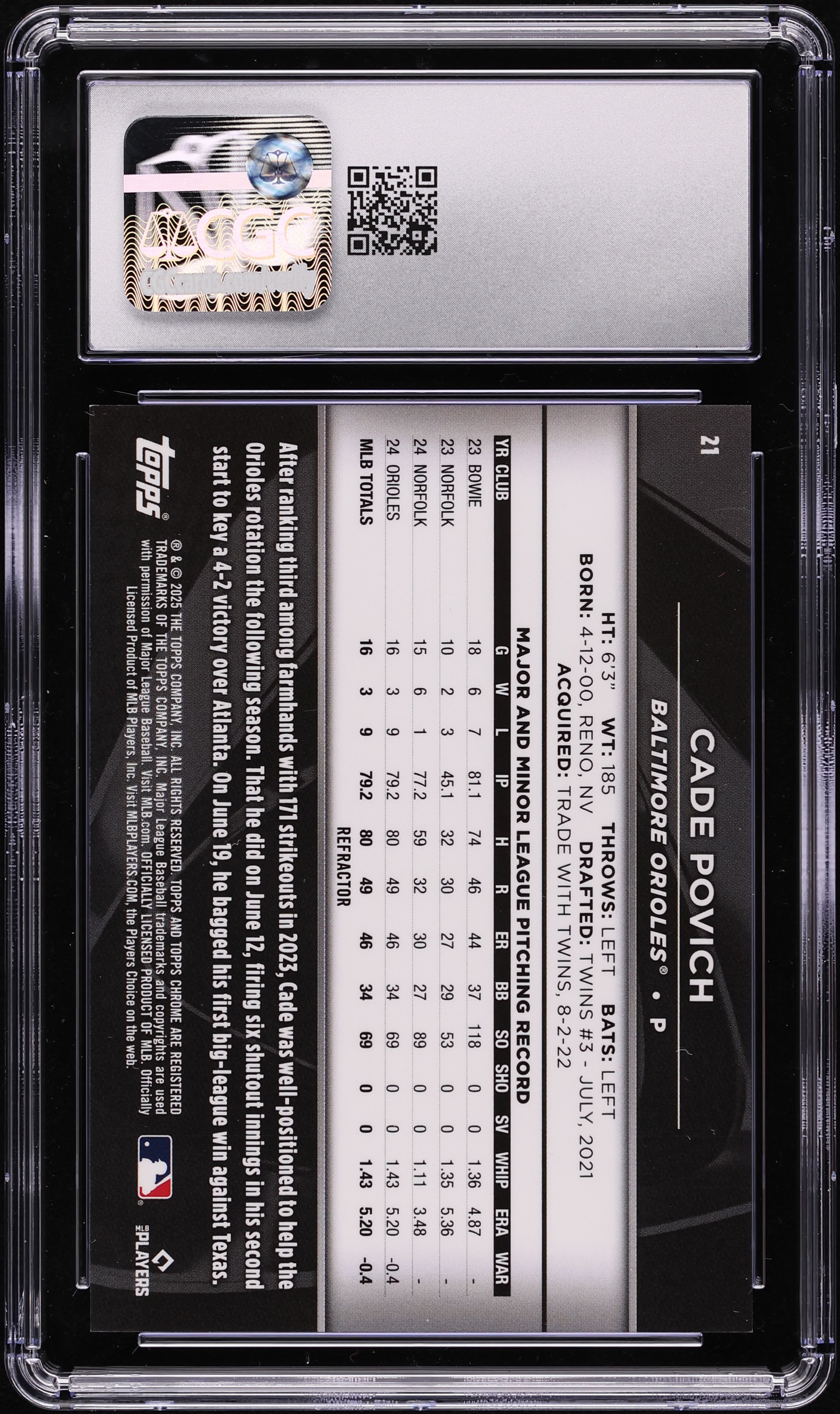 2025 Topps 田中正義 Black Refractor 07/10 2025 Topps Chrome Black Refractor Cade Povich ROOKIE /199 #21 CGC
