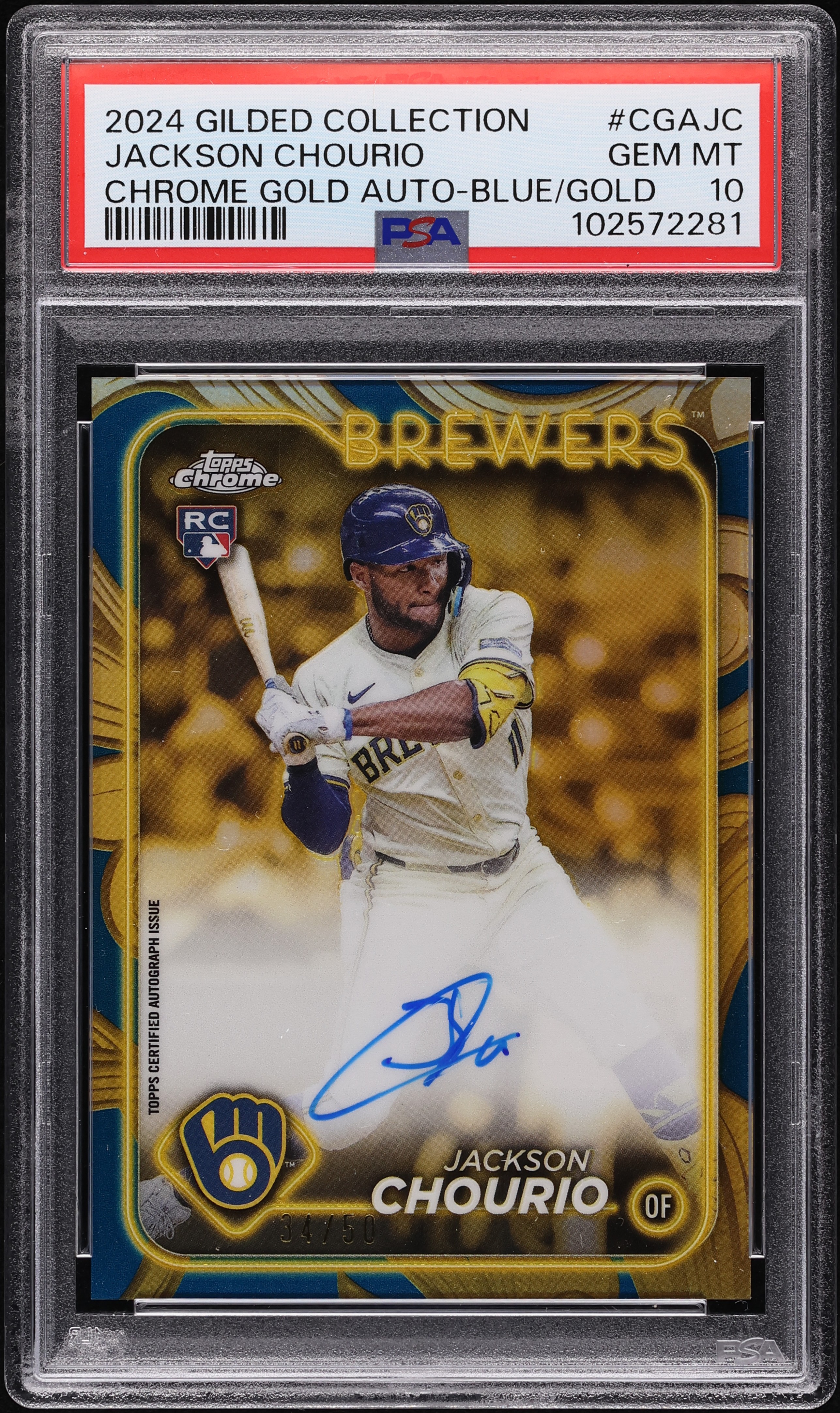 2024 Topps Chrome Gilded Blue Gold Jackson Chourio RC AUTO /50 PSA 