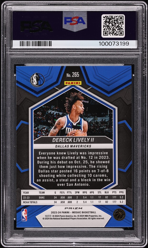 2023 Panini Mosaic Dereck Lively II ROOKIE #265 PSA 10 GEM MINT on 