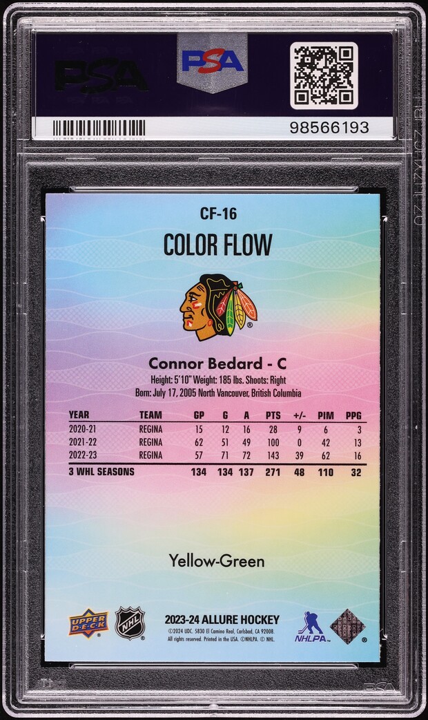2023 Upper Deck Allure Color Flow Yellow-Green Connor Bedard RC #CF16 PSA 10 GEM