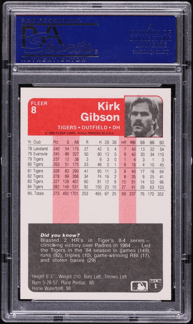 1985 Fleer Kirk Gibson #8 PSA 10 GEM MINT