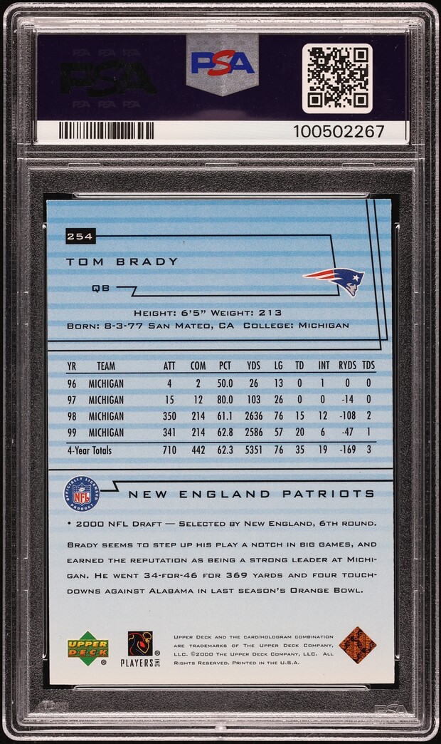 2000 Upper Deck Football Tom Brady ROOKIE #254 PSA 9 MINT
