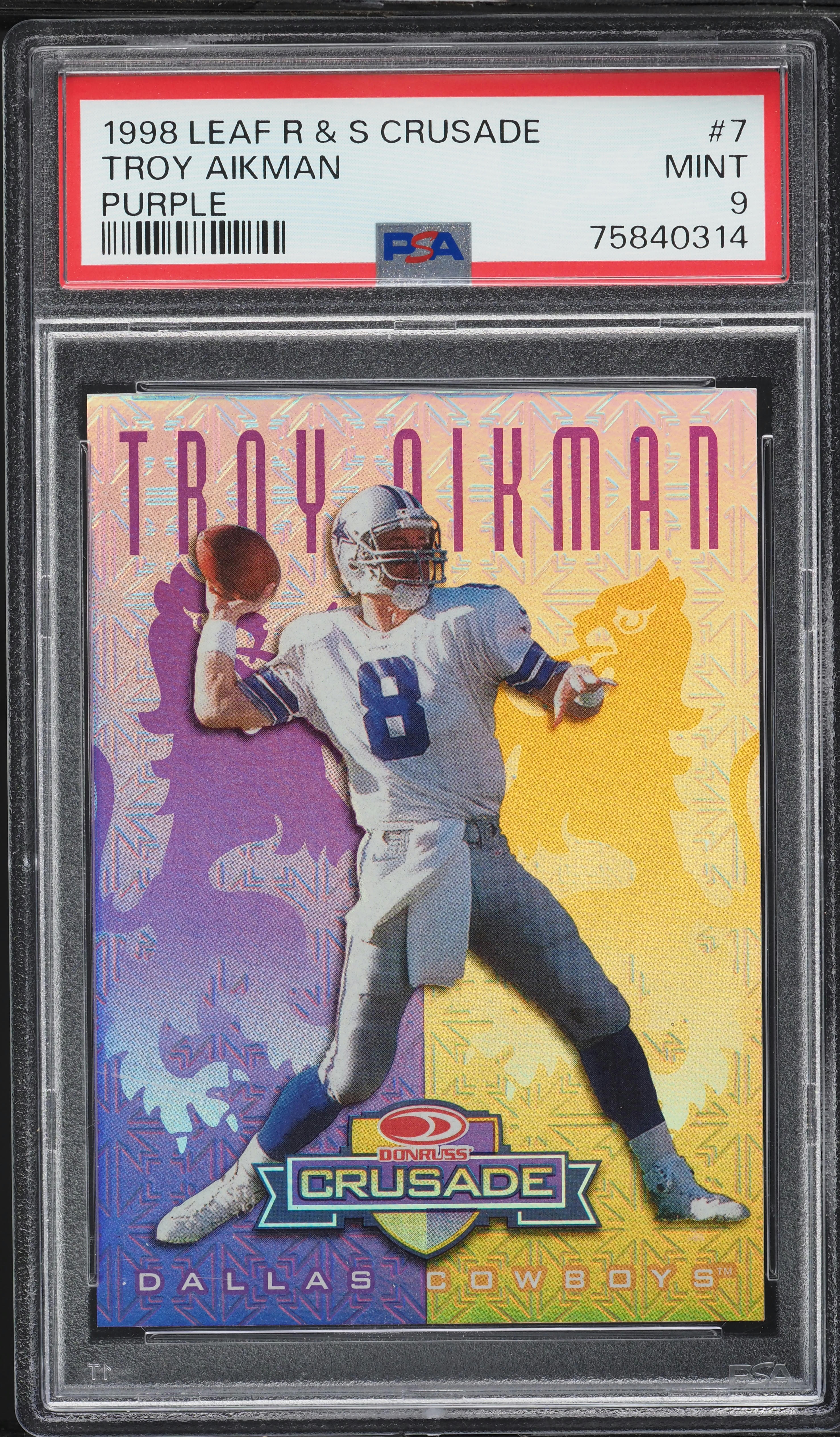 1998 Leaf Rookies & Stars Crusade Purple Troy Aikman /100 #7 PSA 9