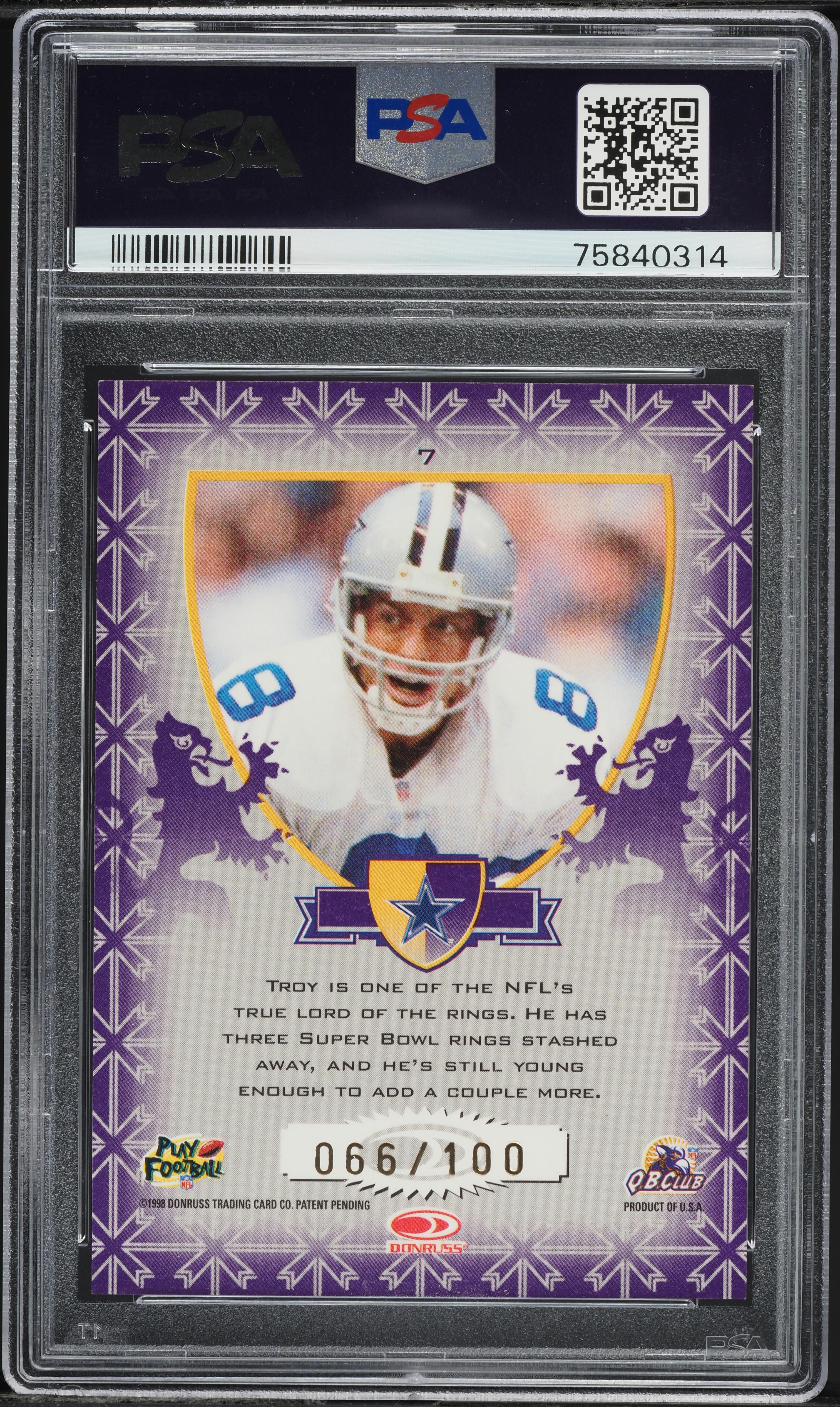 1998 Leaf Rookies & Stars Crusade Purple Troy Aikman /100 #7 PSA 9