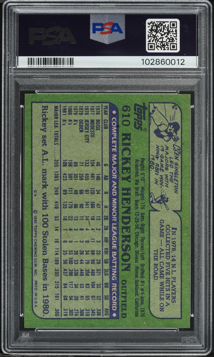 1982 Topps Rickey Henderson #610 PSA 9 MINT on Fanatics Collect