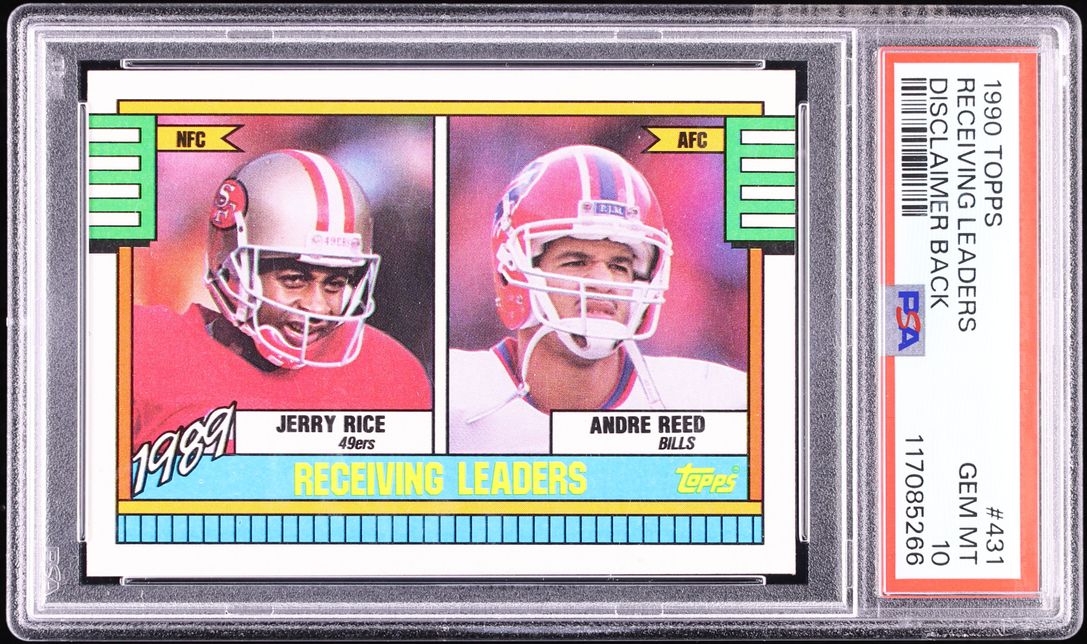 1990 Topps Disclaimer Back Jerry Rice Andre Reed RECEIVING LEADERS #431 ...
