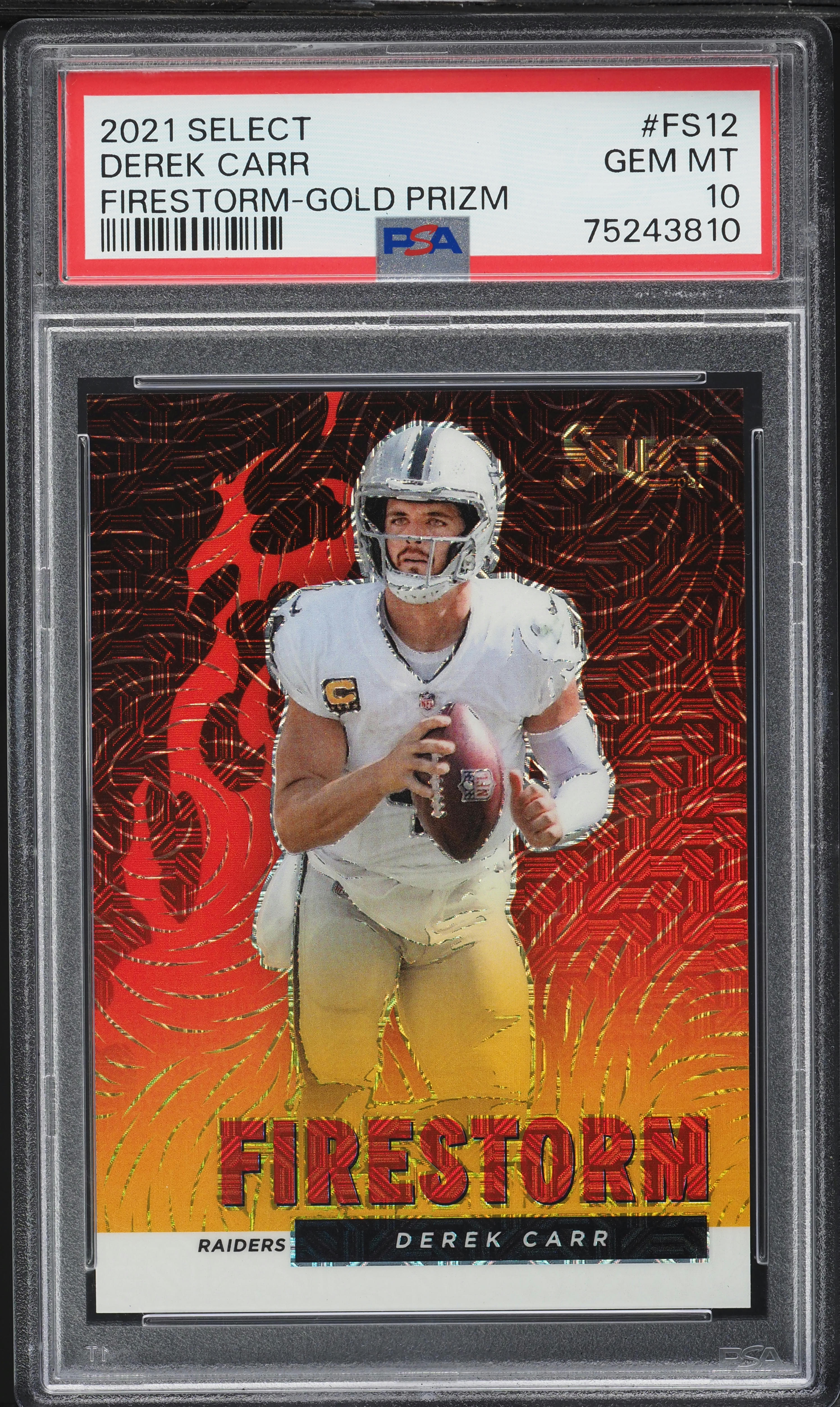 2021 Select Firestorm Gold Prizm Derek Carr 10/10 #FS12 PSA 10 GEM