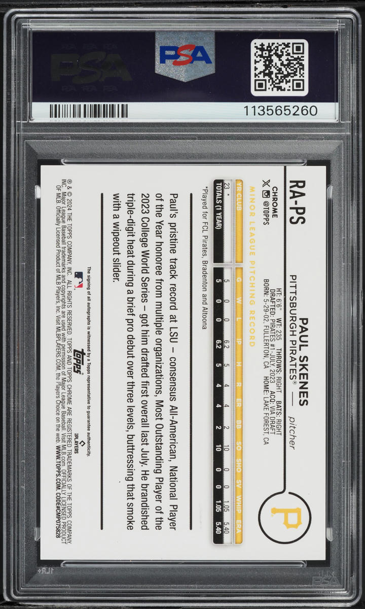 2024 Topps Chrome Update Purple Refractor Paul Skenes RC AUTO DNA 9 /250 PSA 10