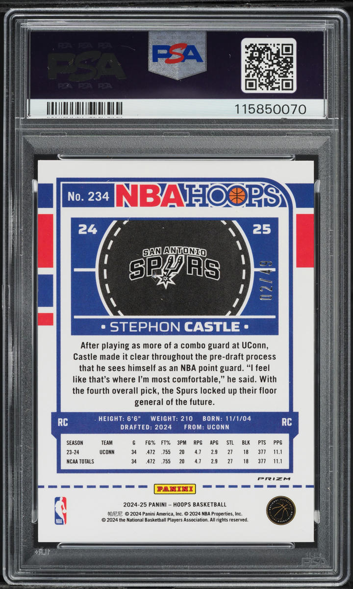 2024 Hoops Premium Prizms Blue Stephon Castle ROOKIE /49 #234 PSA 10 GEM MINT
