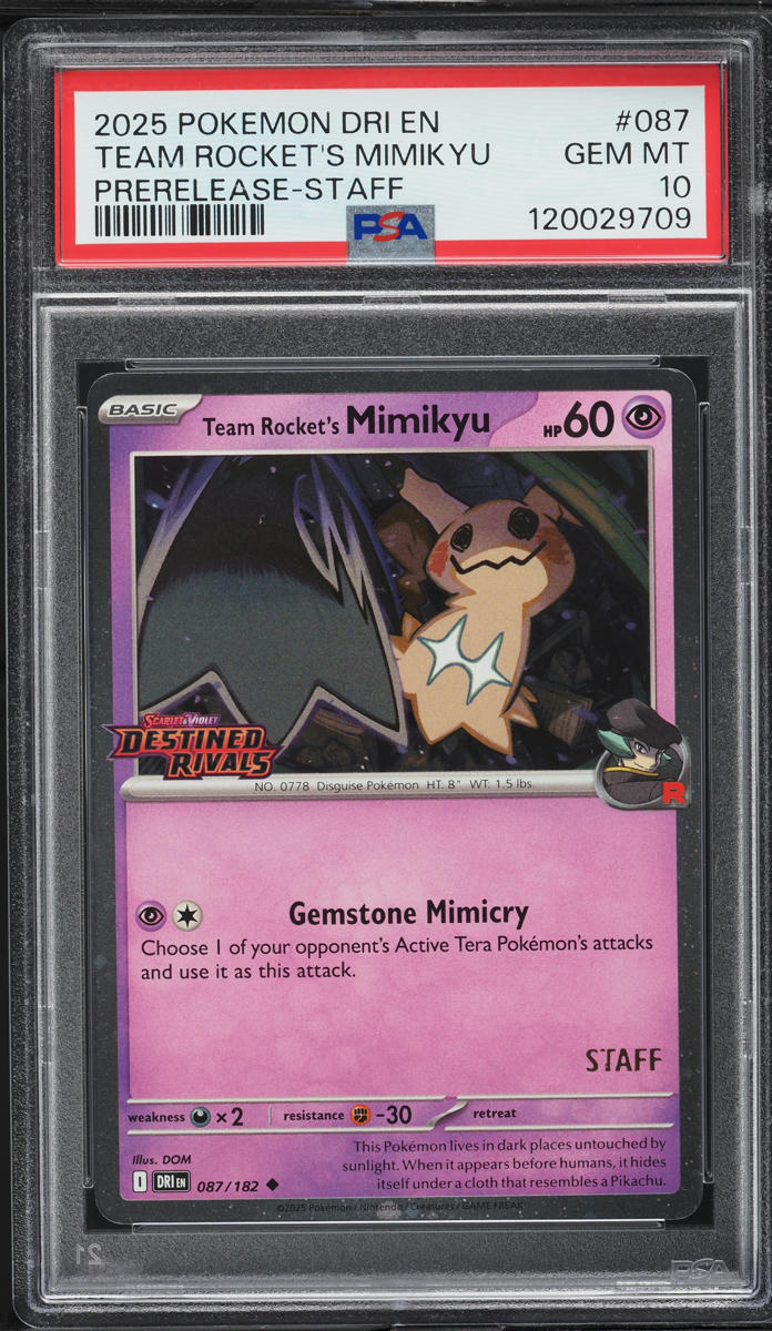 2025 Pokemon SV Destined Rivals Prerelease-Staff Team Rocket's Mimikyu PSA 10