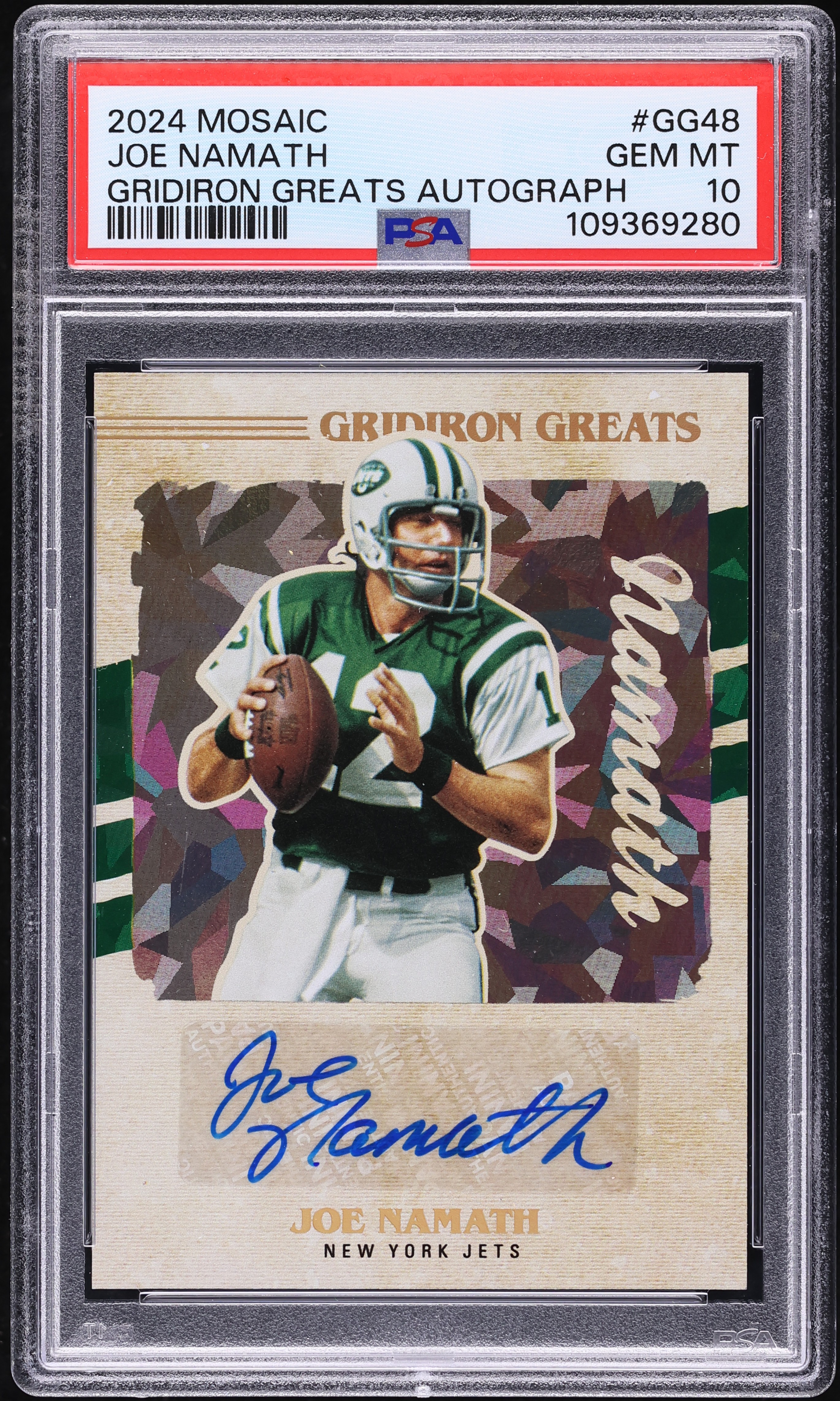 2024 Panini Mosaic Gridiron Greats Joe Namath AUTO #GG48 PSA 10