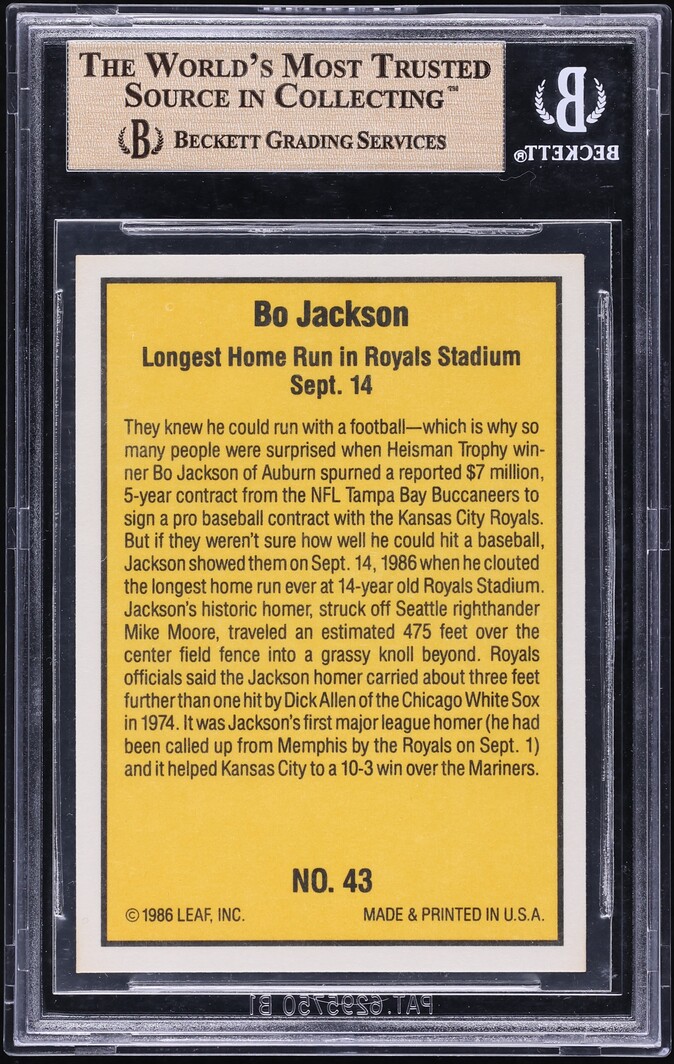 1986 Donruss Highlights Bo Jackson ROOKIE #43 BGS 10 PRISTINE