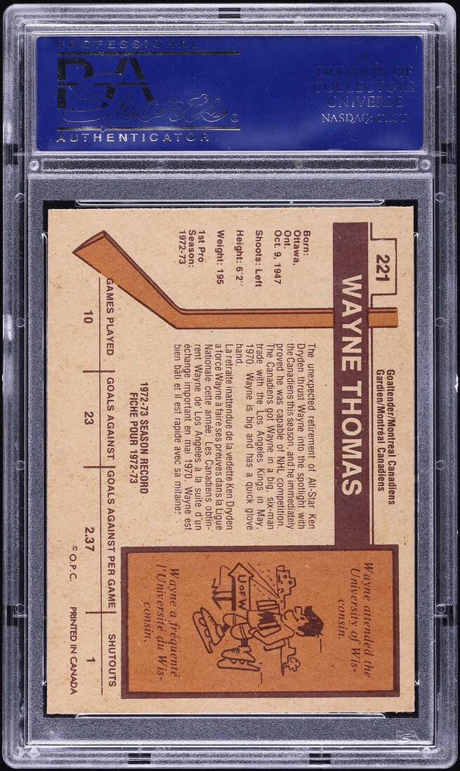 1973 O-Pee-Chee Hockey Wayne Thomas ROOKIE #221 PSA 8 NM-MT