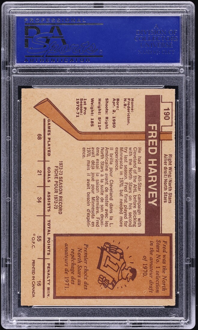 1973 O-Pee-Chee Hockey Fred Harvey #190 PSA 9 MINT