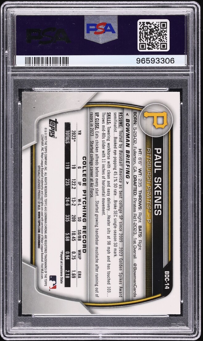 2023 Bowman Chrome Draft Sparkle Refractor Paul Skenes PROSPECT #BDC14 PSA 10
