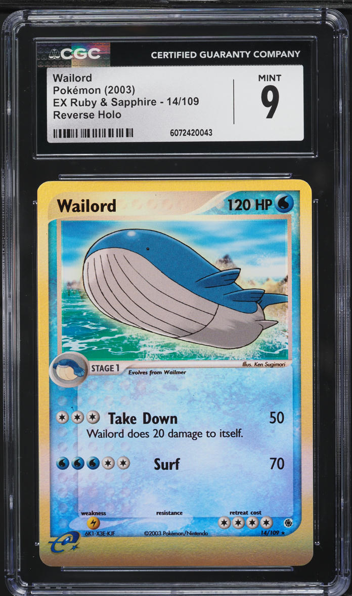 2003 Pokemon EX Ruby & Sapphire Reverse Holo Wailord #14 CGC 9 MINT