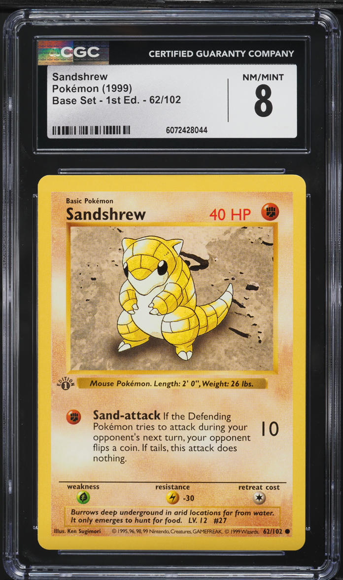 1999 Pokemon Base Set Shadowless 1st Edition Sandshrew #62 CGC 8 NM-MT