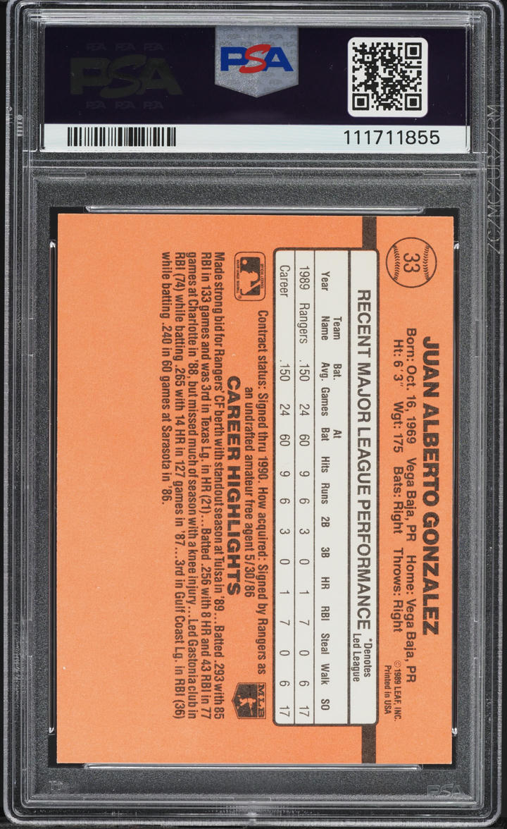 1990 Donruss Reverse Negative Juan Gonzalez ROOKIE #33 PSA 8 NM-MT