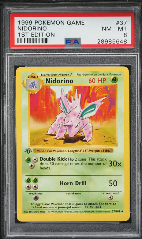 1999 Pokemon Base Set Shadowless 1st Edition Nidorino #37 PSA 8 NM-MT