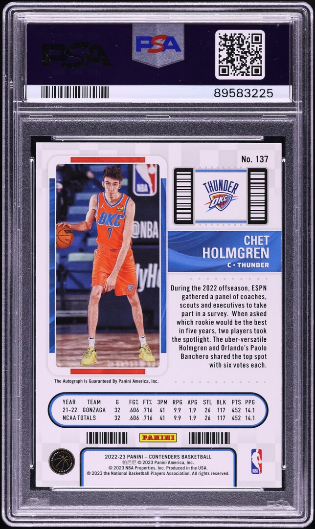 2022 Panini Contenders Chet Holmgren ROOKIE AUTO #137 PSA 10 GEM MINT
