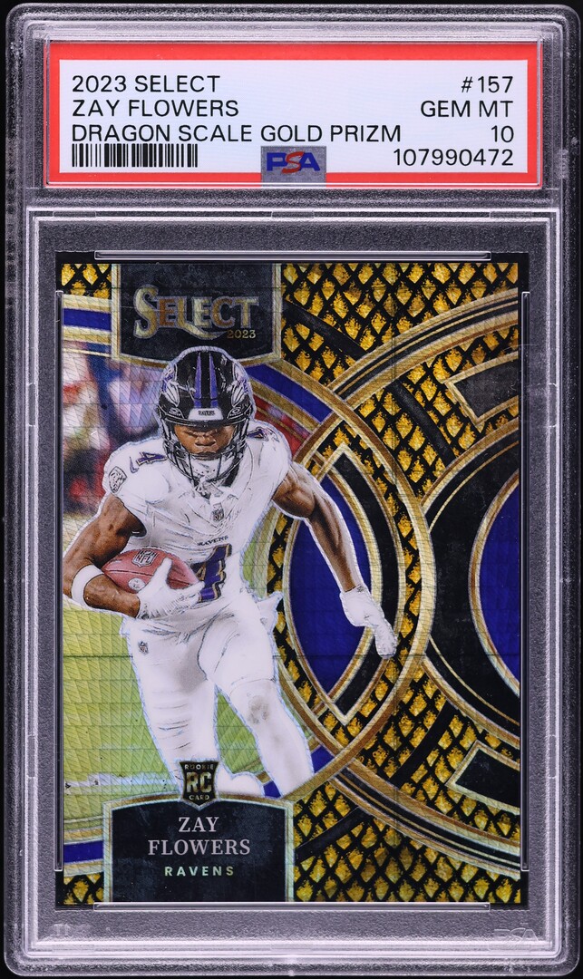 2023 Select Premier Dragon Scale Gold Prizm Zay Flowers ROOKIE /10 #157 PSA 10